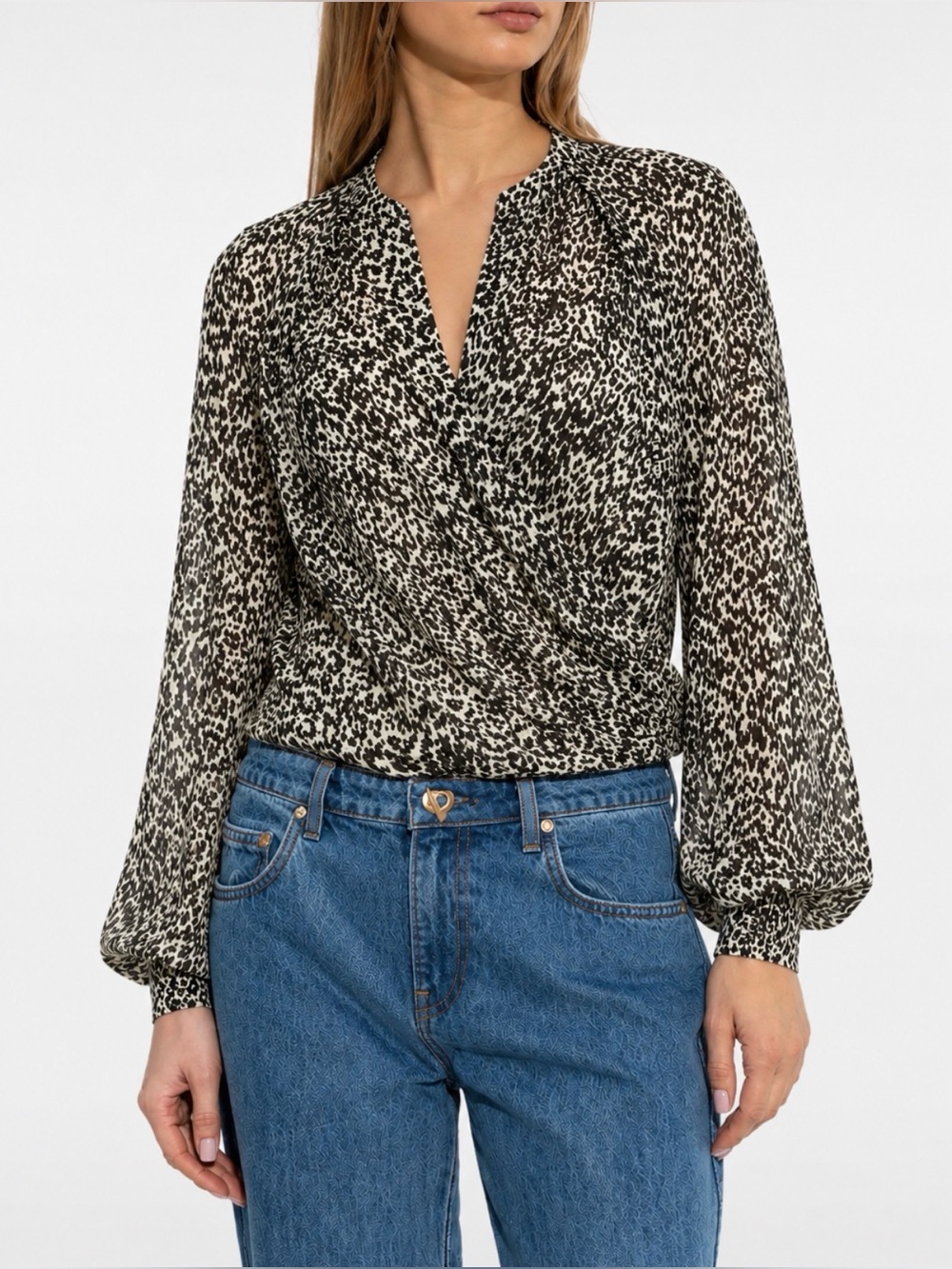 Iro Paris 100% Silk Leopard Print Faux Wrap Gray Black Blouse Top Size 2 Luxury